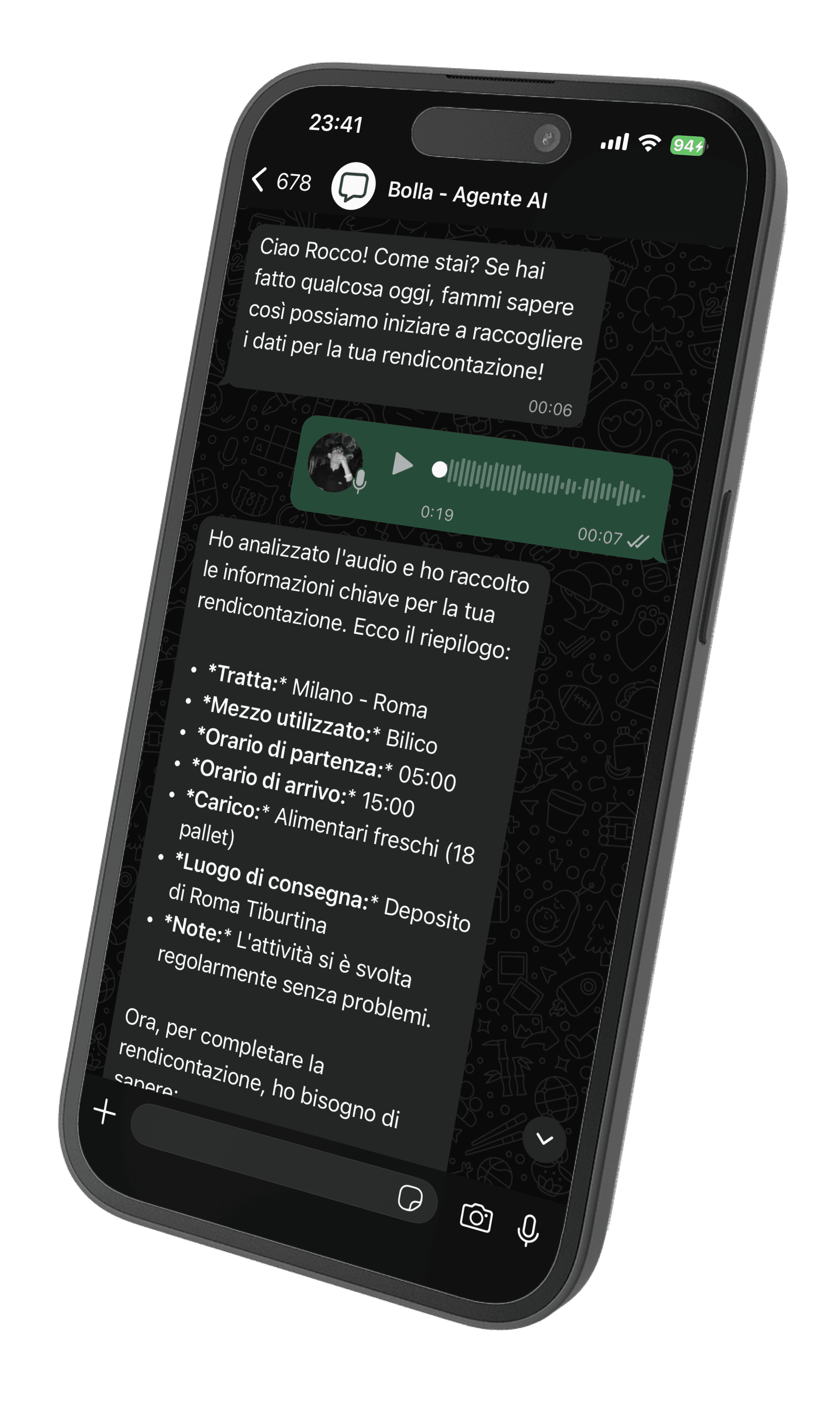 Bolla AI su WhatsApp: un iPhone mostra l'agente AI che raccoglie la rendicontazione del lavoro in chat vocale